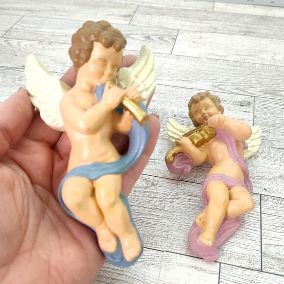 Vintage Ceramic Wall Angel Figurines Set of 2 Cherubs Playing Instruments FLAWED - Picture 1 of 15